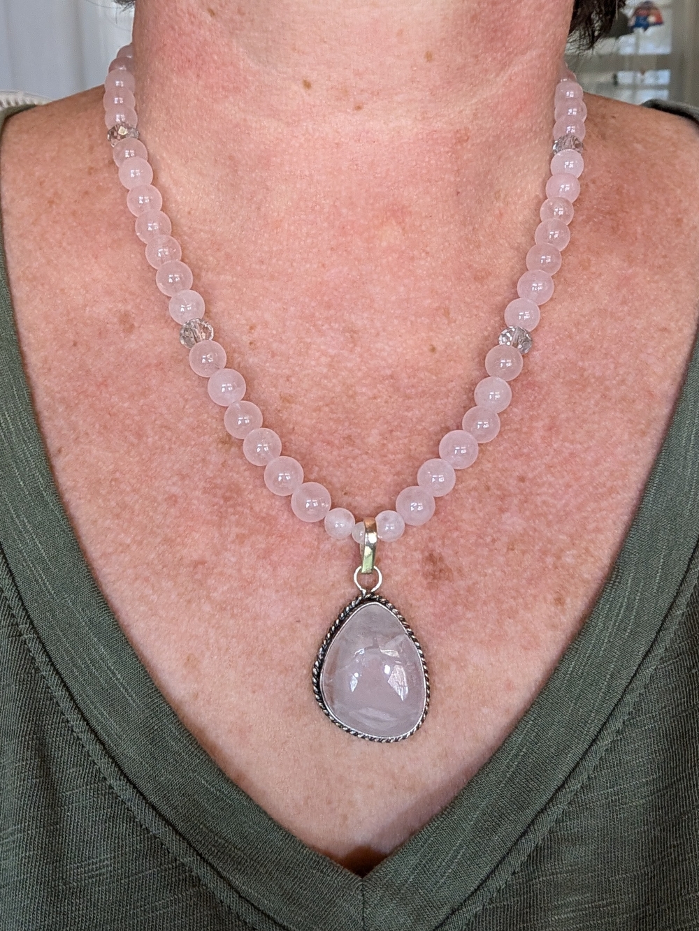 Rose Quartz Beaded Pendant Necklace - Pink